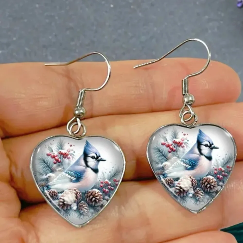 christmas fall bird Heart-Shaped Blue Silver crystal glass dangling GiftEarrings